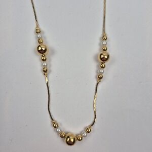 Gold Tone‎ Faux Pearl Station Necklace 24" Delicate Beaded Layering Quiet Luxury